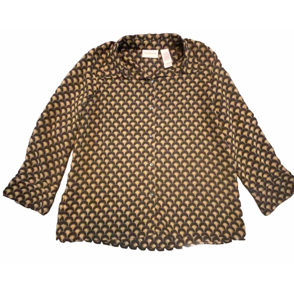 Liz Claiborne Button Down Shirt Medium Black, Retro Scallop Design 70's‎ Style